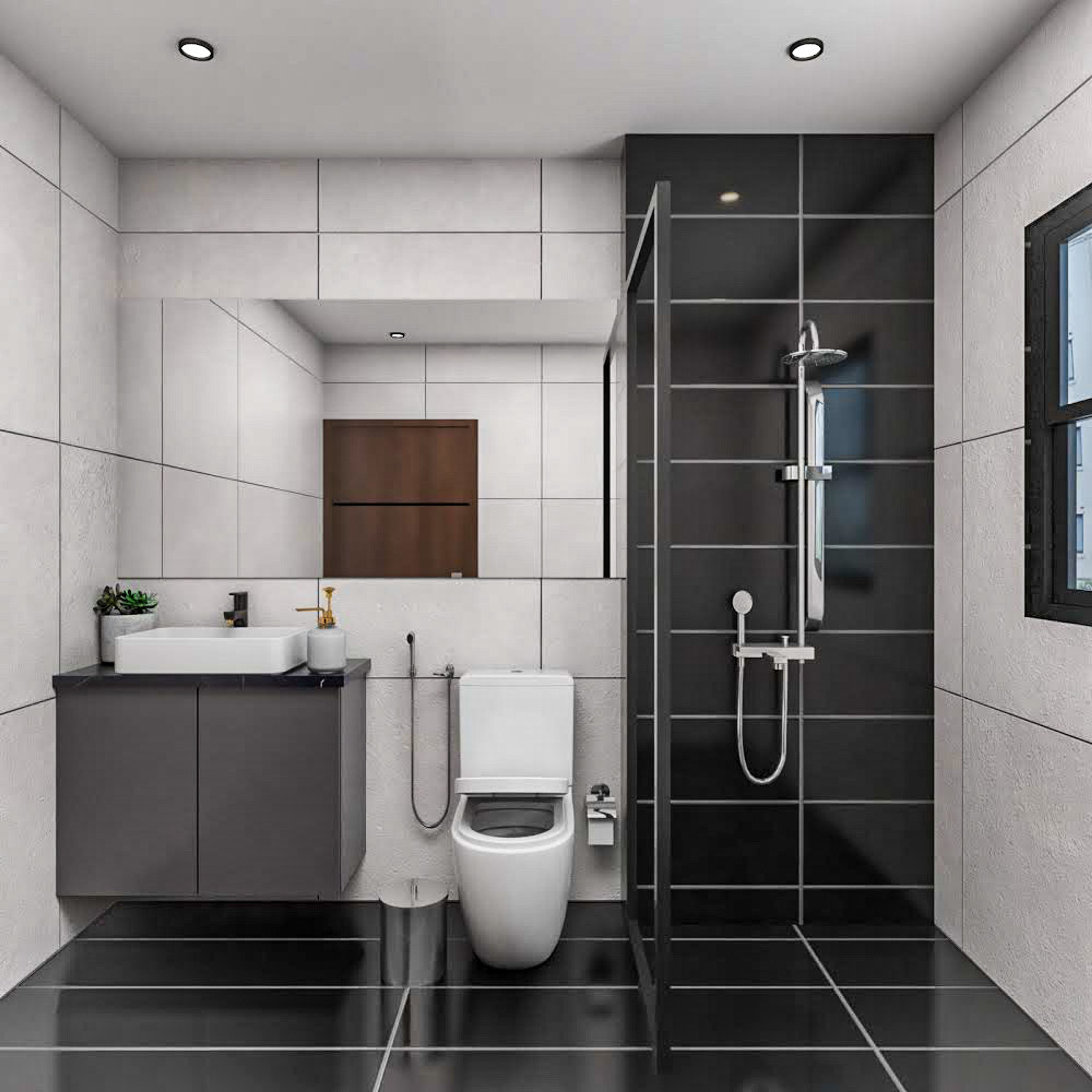 Modern Black and White Bathroom Design with Frameless Mirror