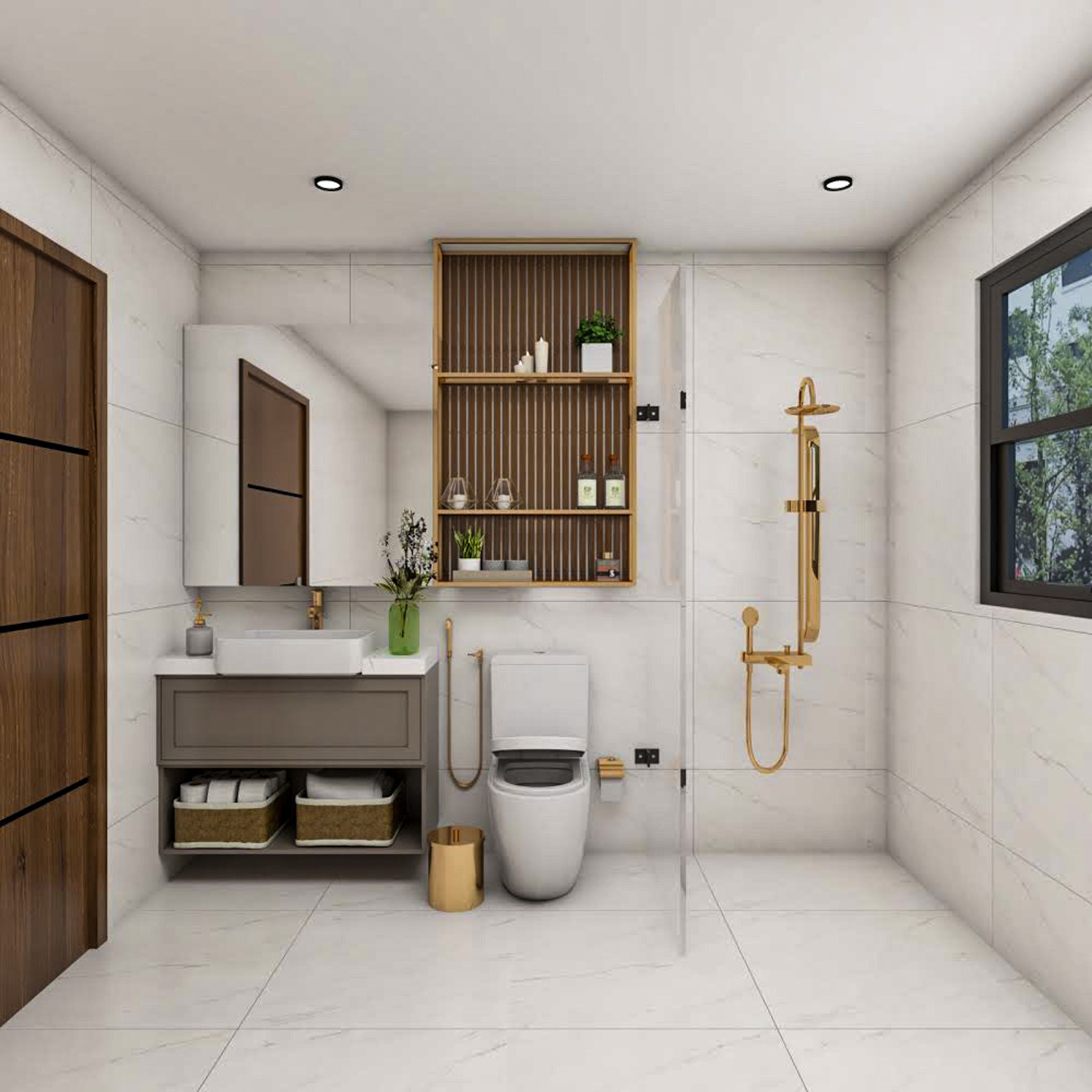 Contemporary Bathroom Design with Glam Brass Finish Fixtures
