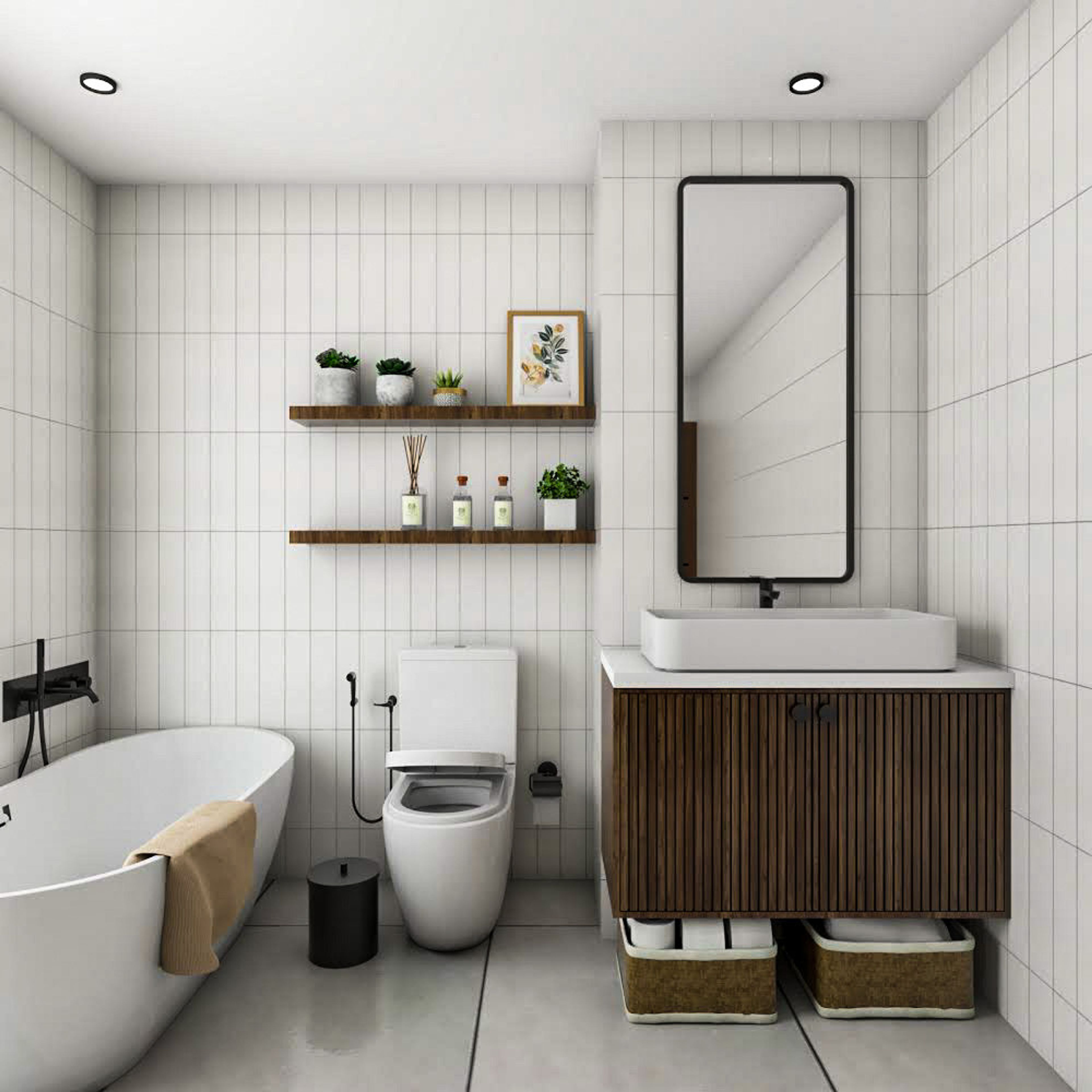Mid Century Modern Bathroom Design with White and Light Grey Tiles