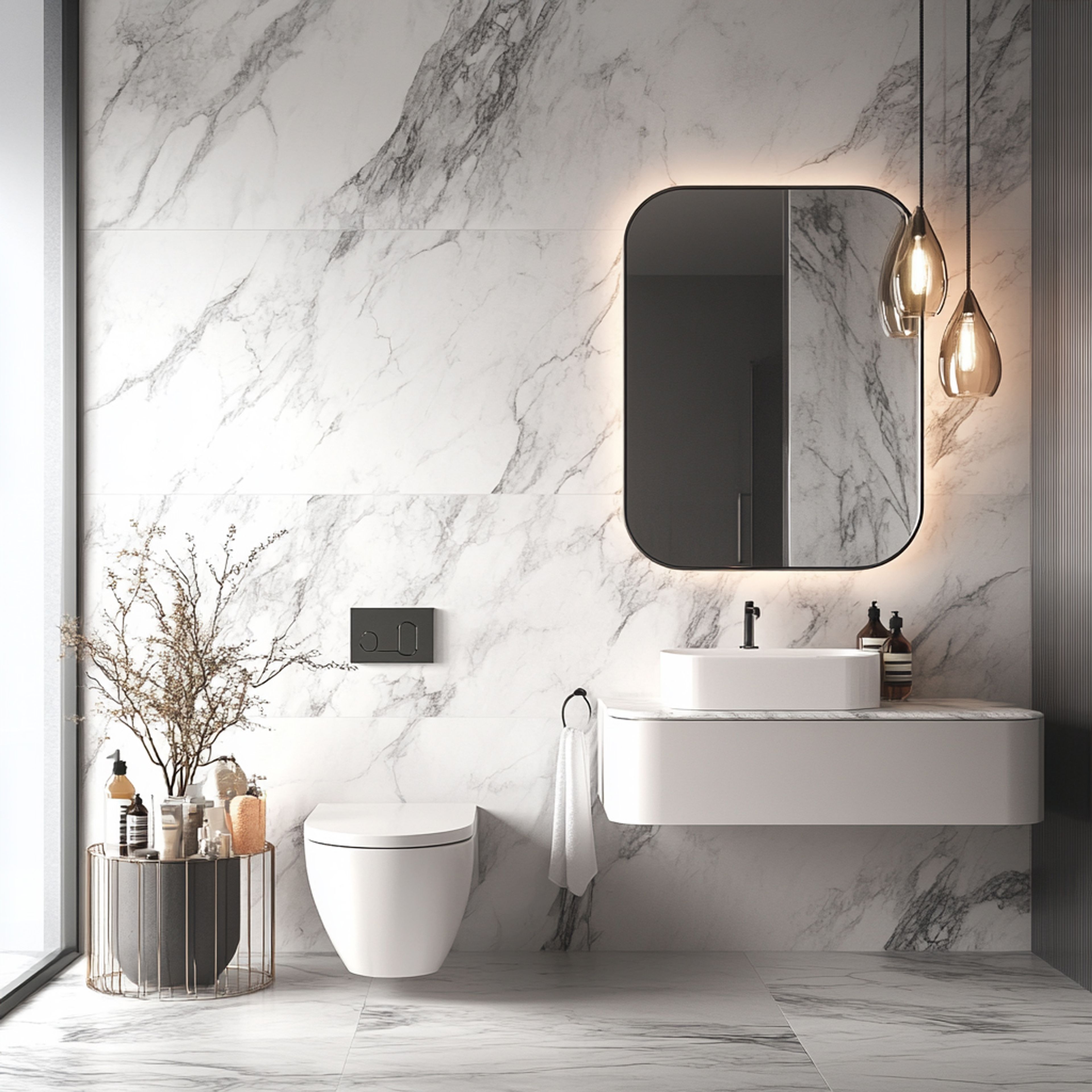Minimalist Bathroom Design with White Marble Tiles and Pendant Lights