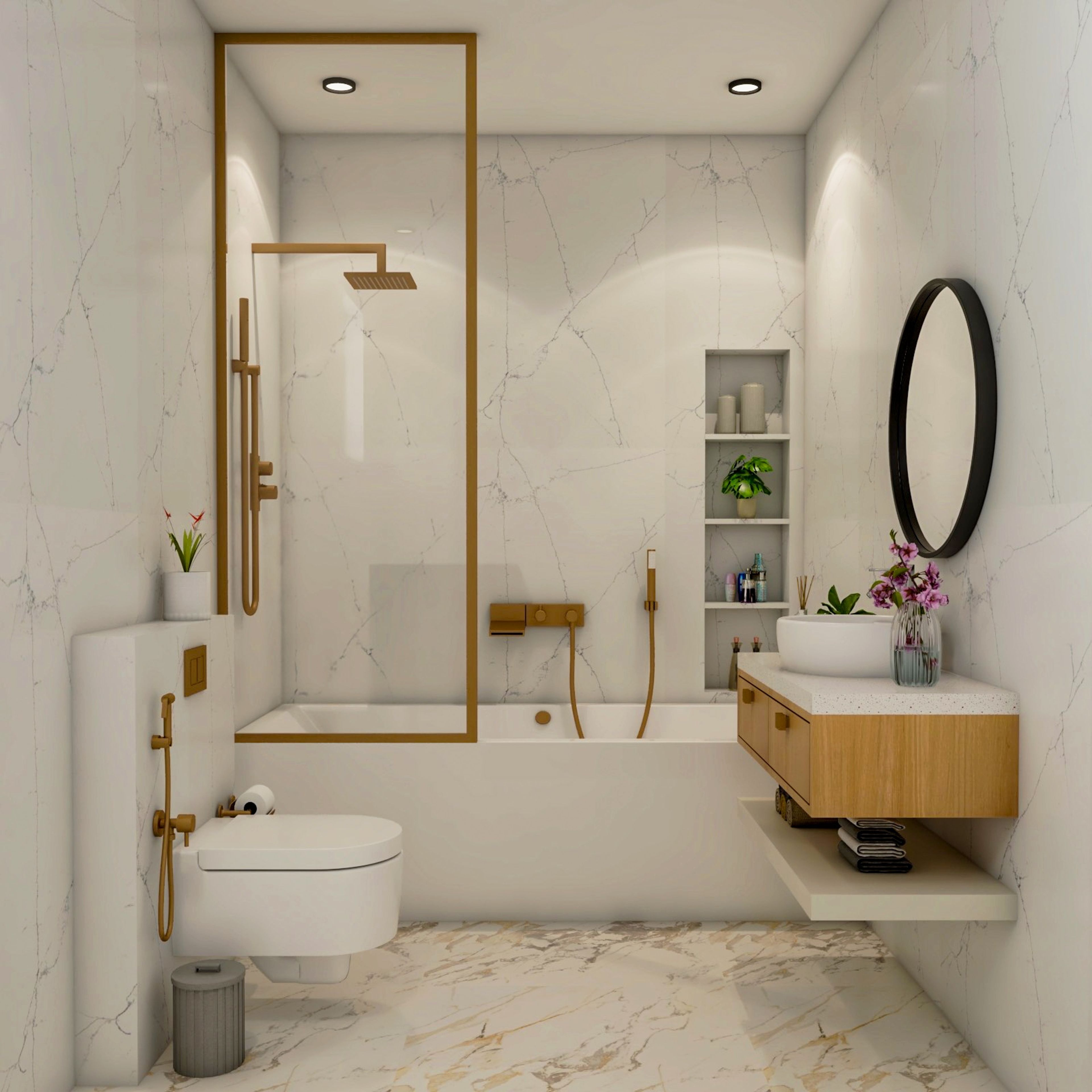 Contemporary White Bathroom Design with Glass Partition and Quartz Countertop