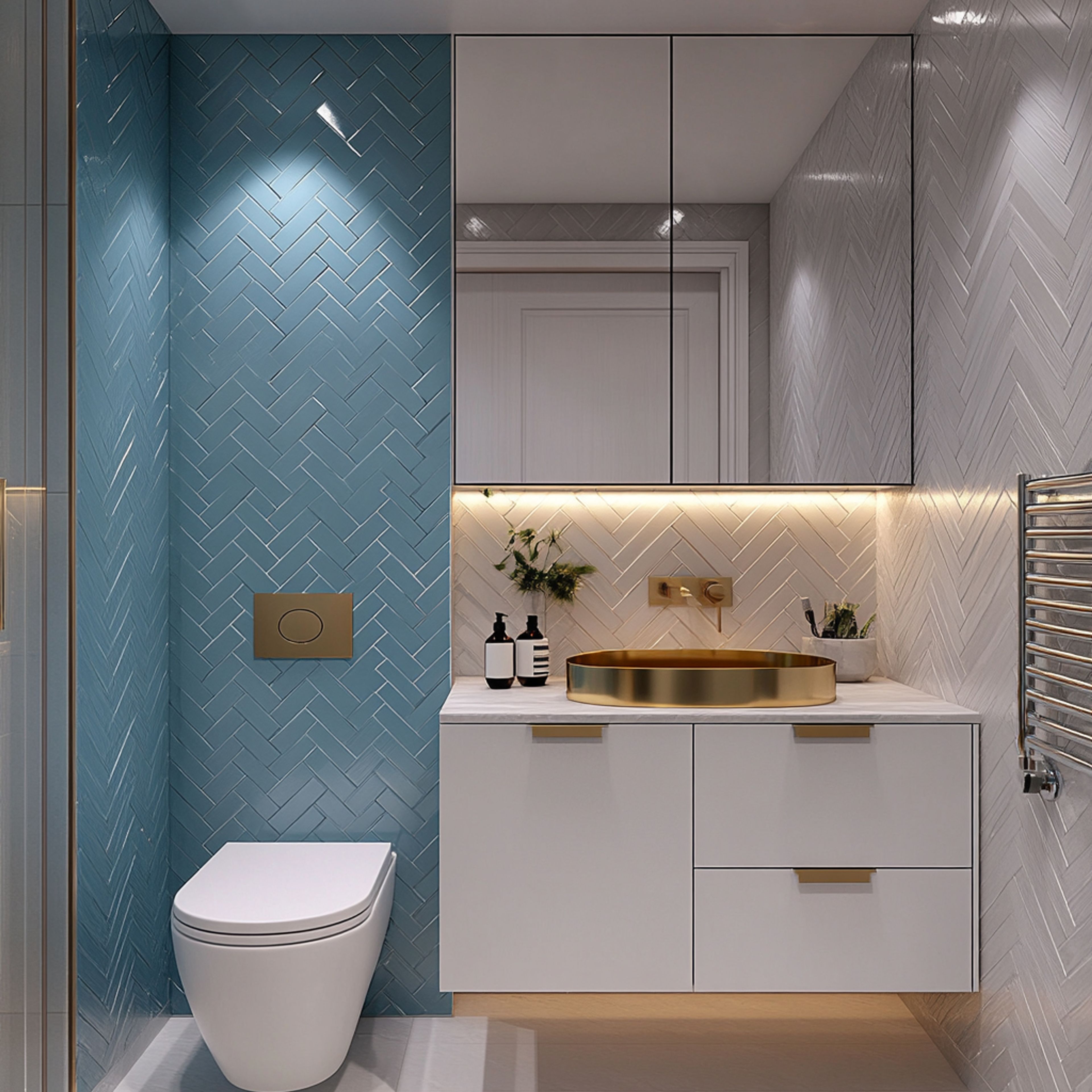 Modern Bathroom Design with Blue and White Herringbone Subway Tiles