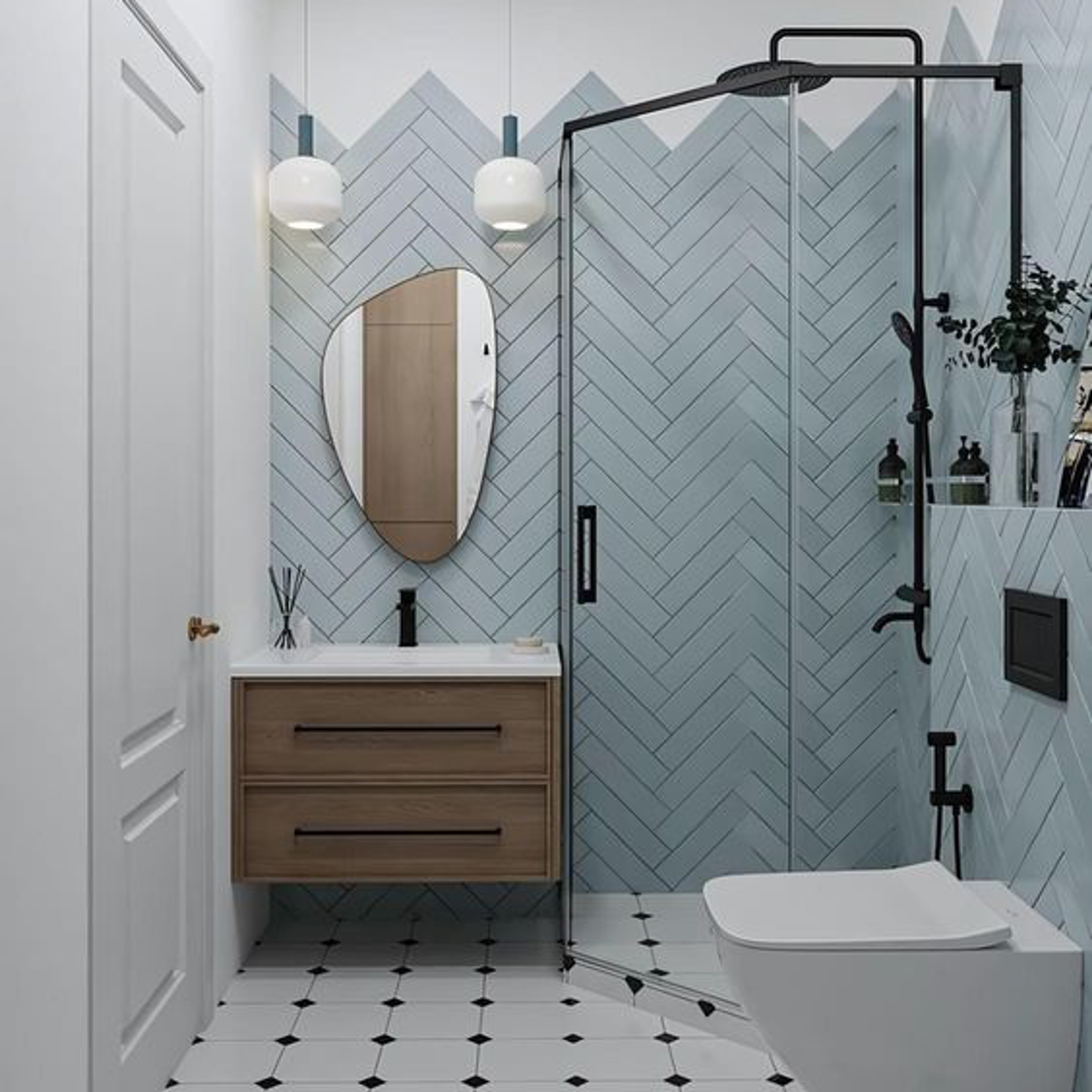 Scandinavian Bathroom Tiles with Blue Tiles and Glass Shower Enclosure