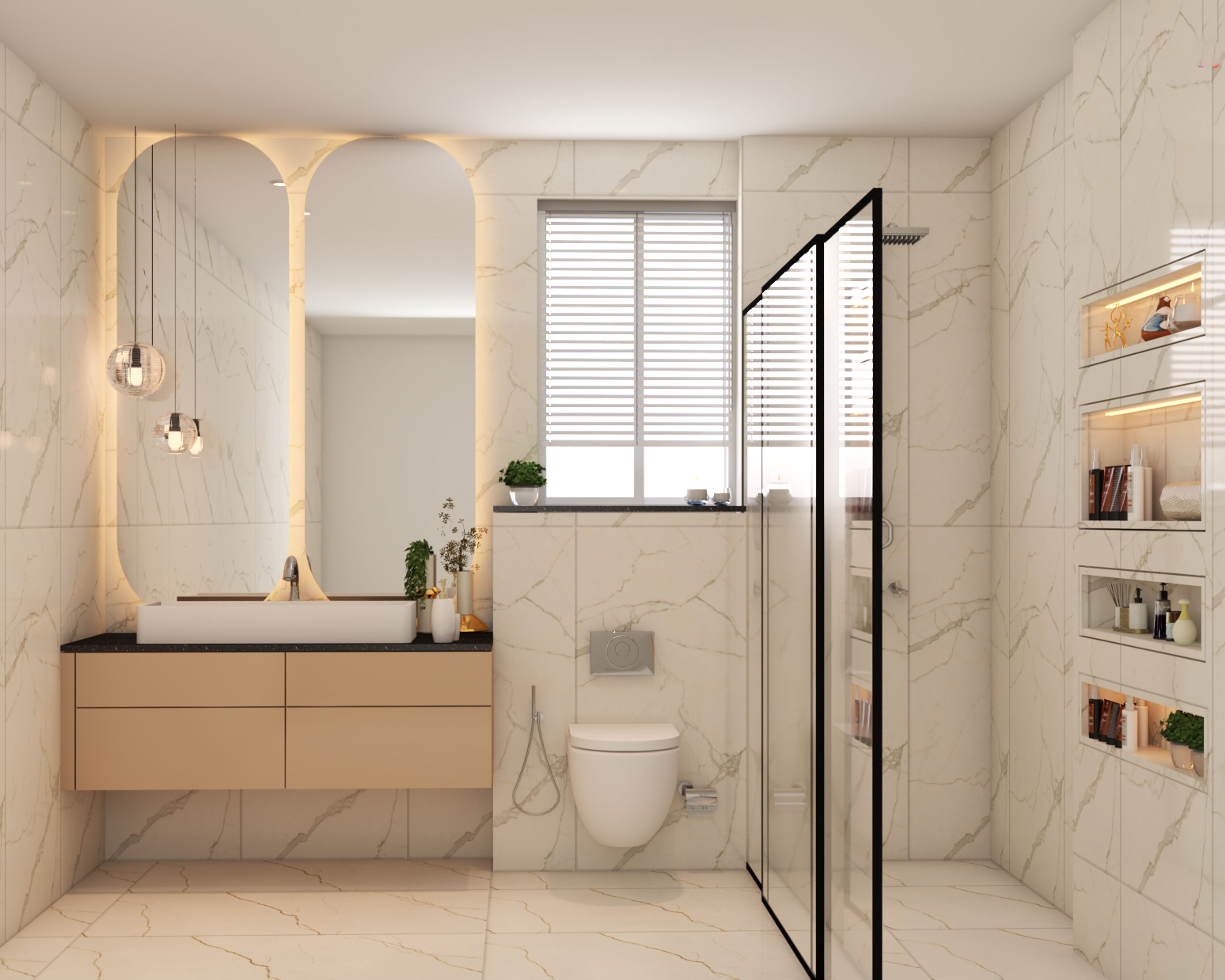 Mid Century Modern Bathroom Design with Oval Mirror and Vanity