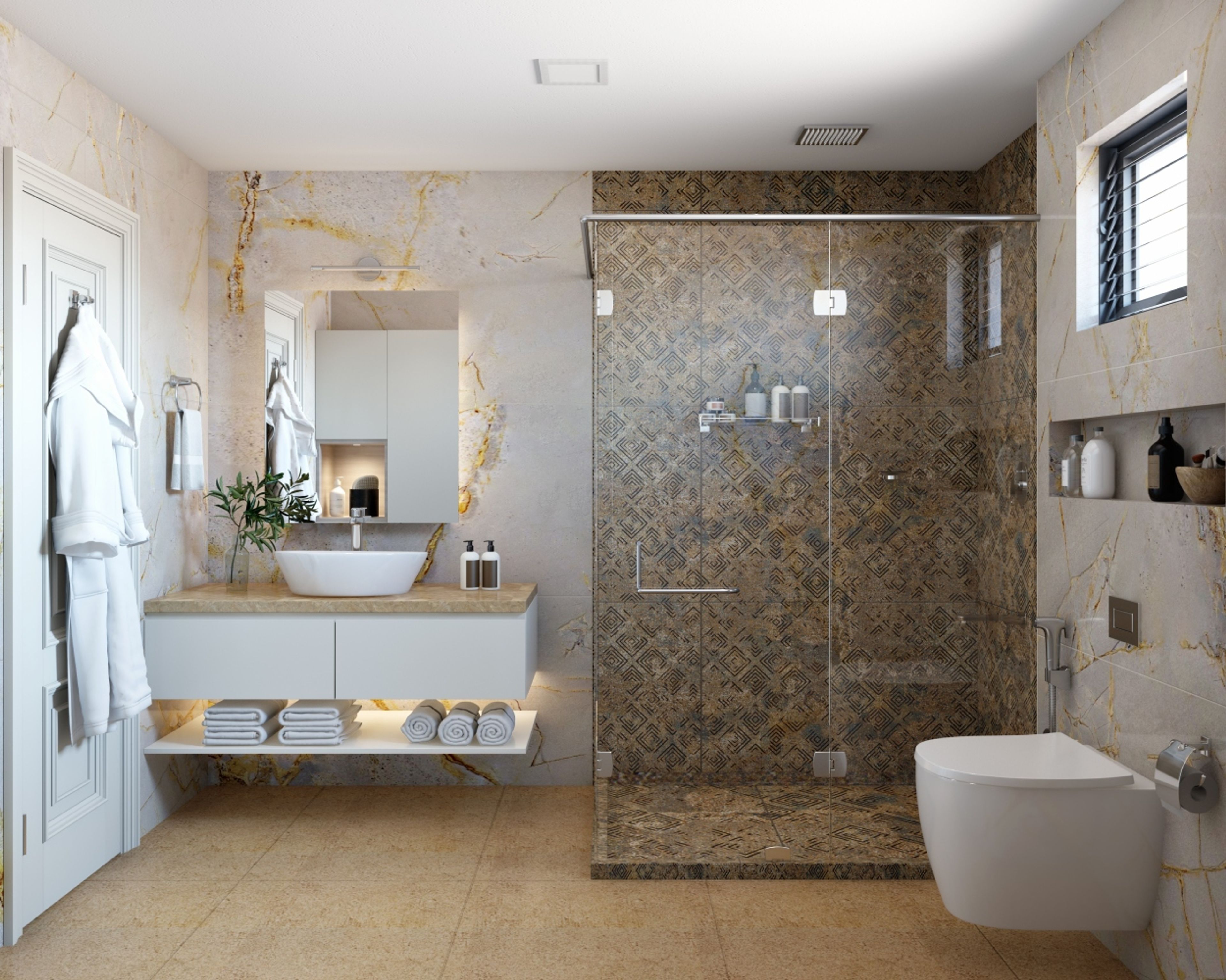 Modern Bathroom Design with Marble Countertop and Glass Partition