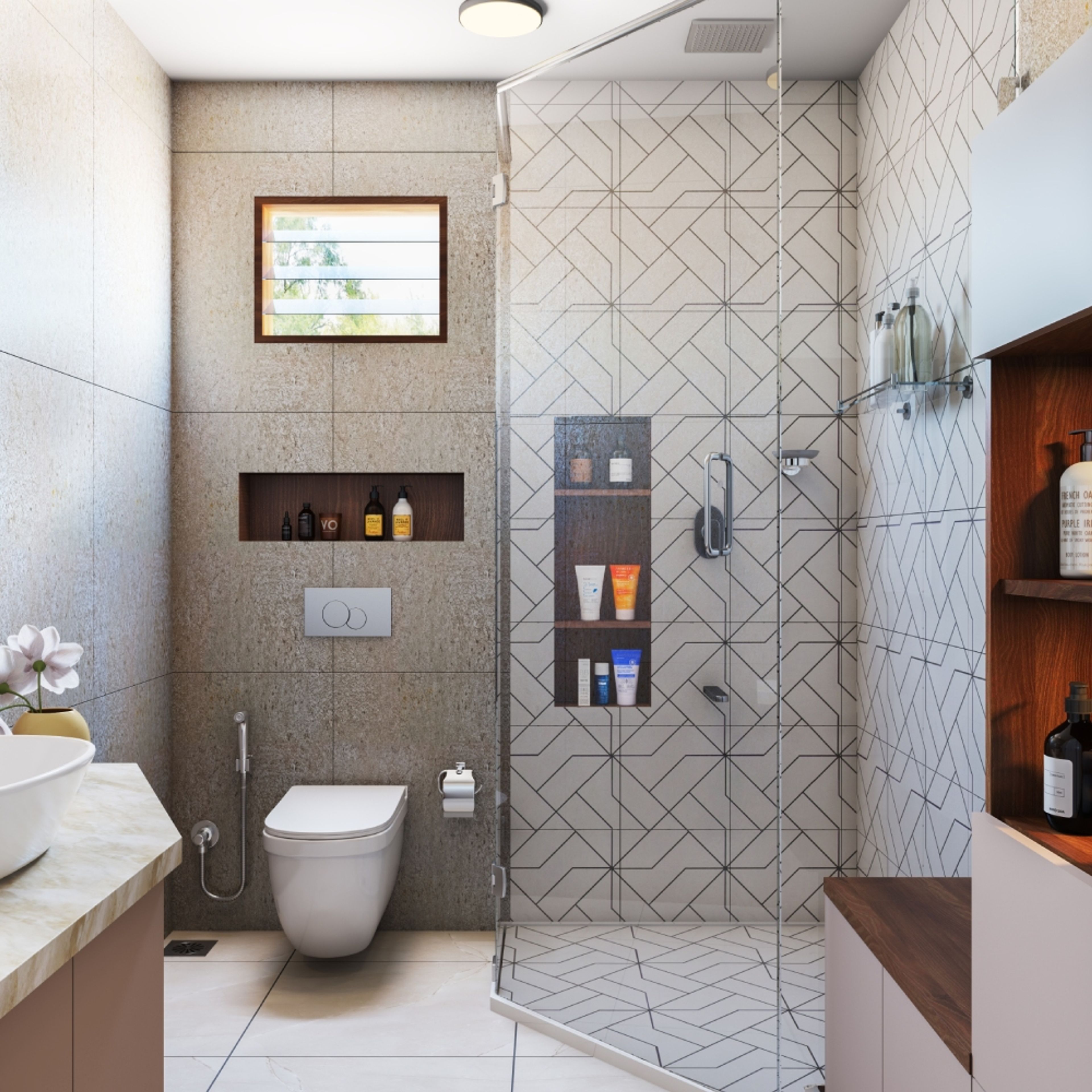 Glass Partition and Marble Countertop Modern Bathroom Design