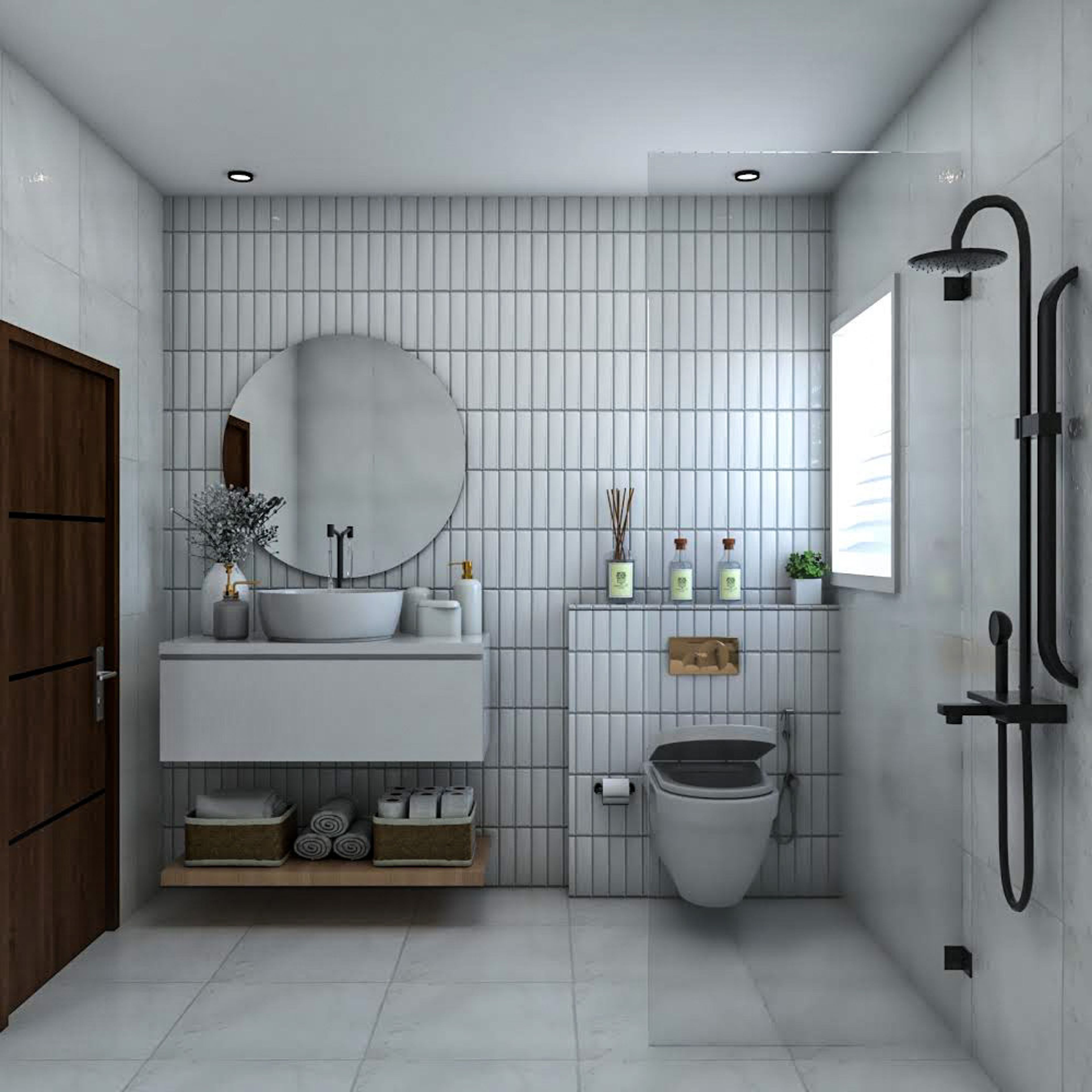 Compact Modern Bathroom Design with Glass Partition and Vanity Unit
