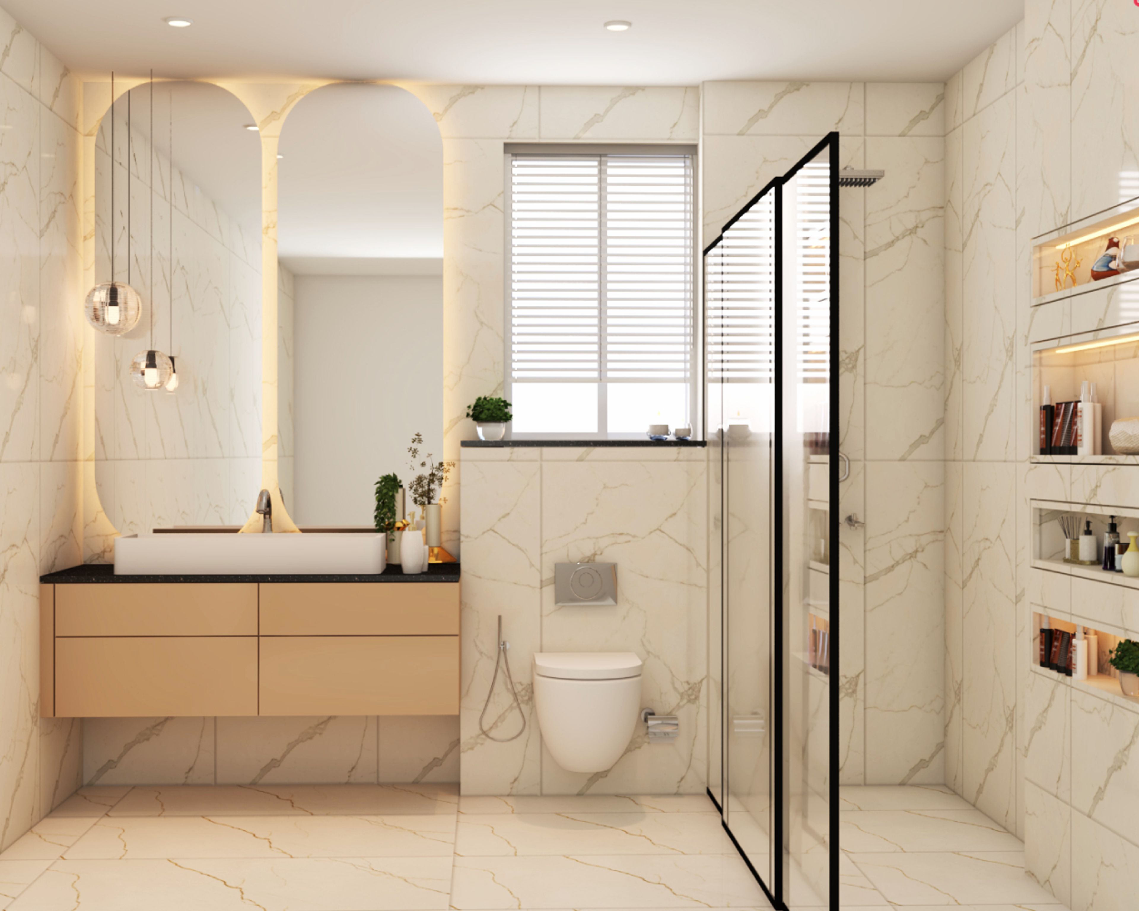 Contemporary Bathroom Design with Oval Mirror and Glass Partition