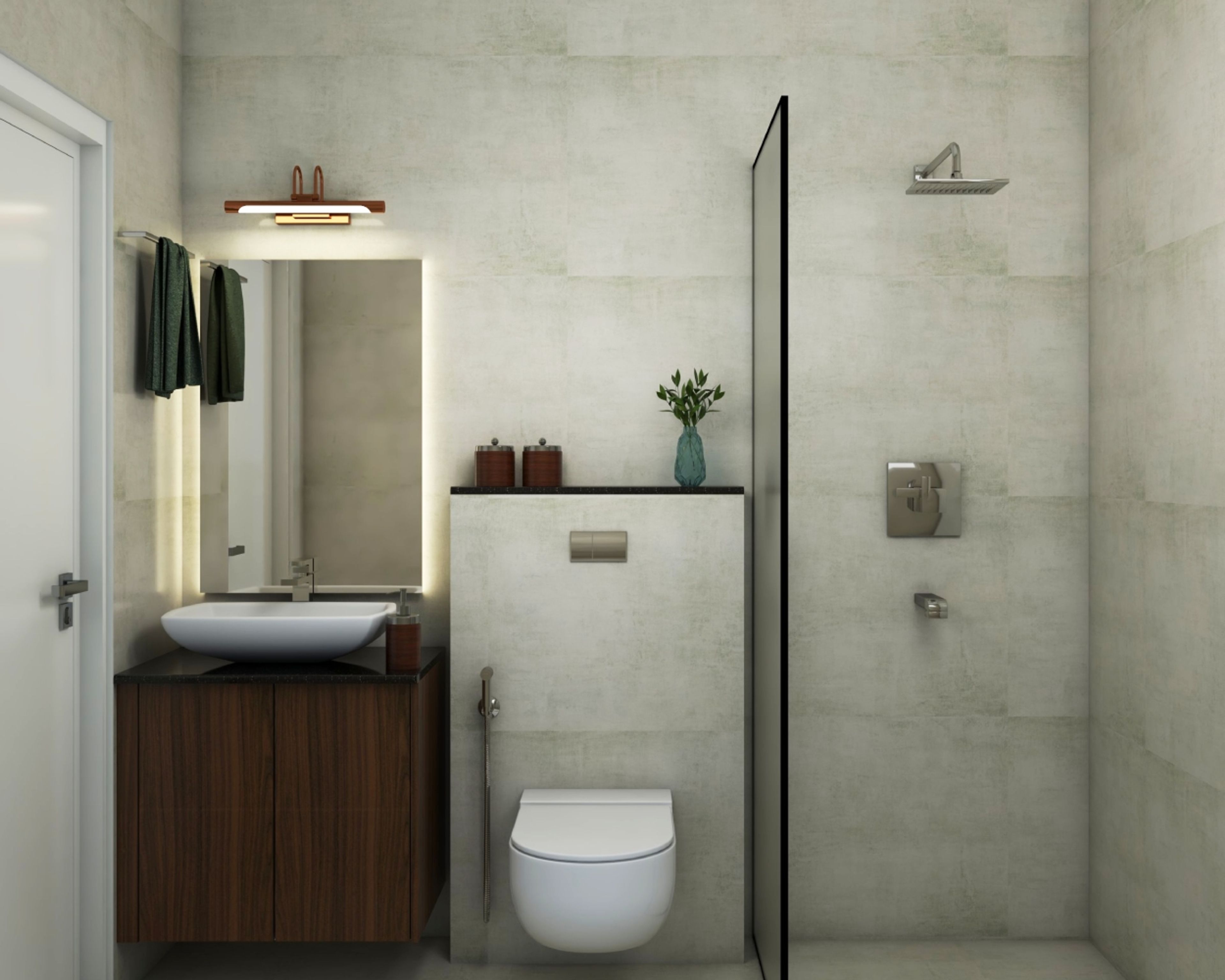 Stylish Modern Bathroom Design with Glass Partition and Grey Tiles
